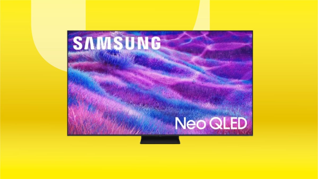 Flat screen TV with purple wallpaper. Background: yellow gradient.