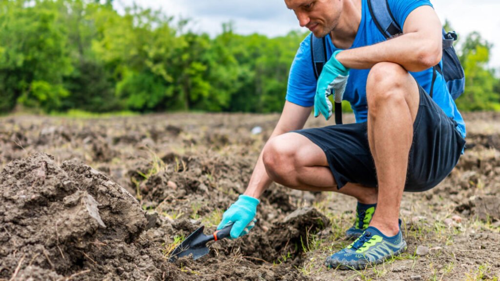 A man digging for diamonds at Crater of Diamonds State Park in 2020.