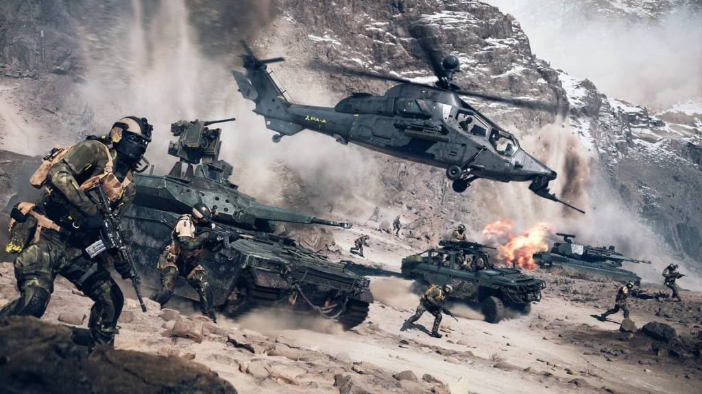 Game art showing a group of soliders standing in front of a battlefield with planes, explosions and more with the Battlefield 6 logo.