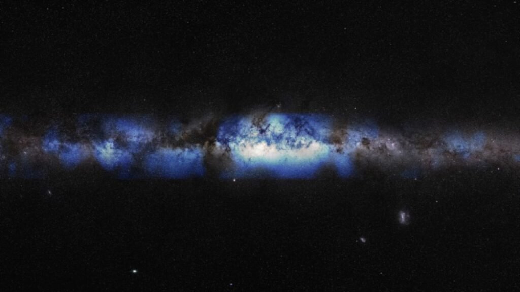 An artist’s composition of the Milky Way seen with a neutrino lens (blue).