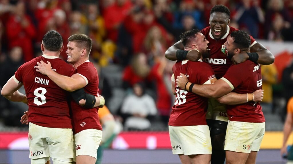Jack Conan , Owen Farrell, Ronan Kelleher, Maro Itoje and Ellis Genge of the British &amp; Irish Lions celebrate victory following the second test of the series between Australia Wallabies and British &amp; Irish Lions at the Melbourne Cricket Ground on July 26, 2025 in Melbourne, Australia.