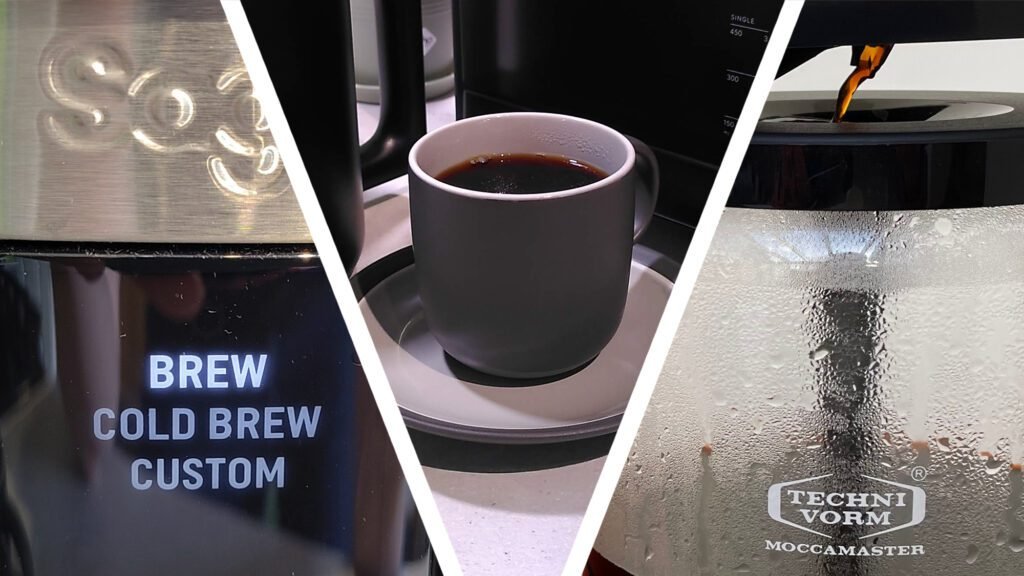 Brew settings on drip coffee maker, cup of black coffee, and coffee dripping into carafe