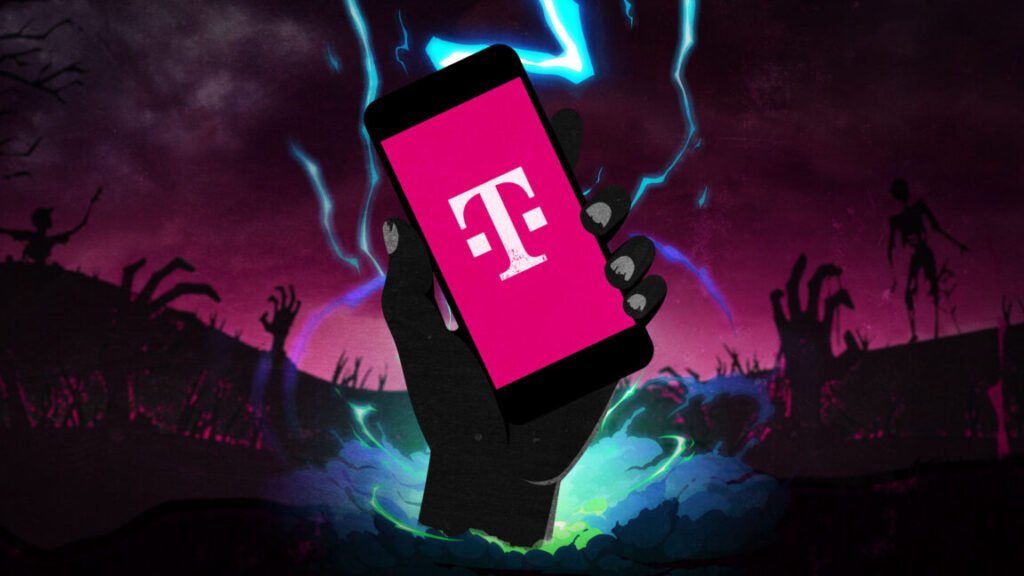 A hand holding a T-Mobile phone emerges from the ground in an illustration of a hellish landscape in which zombies appear to be rising from the dead