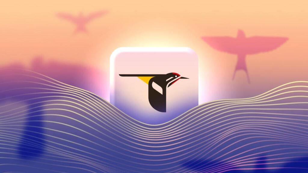 The Merlin Bird ID logo surrounded by purple waves and pink bird shadows in the background.