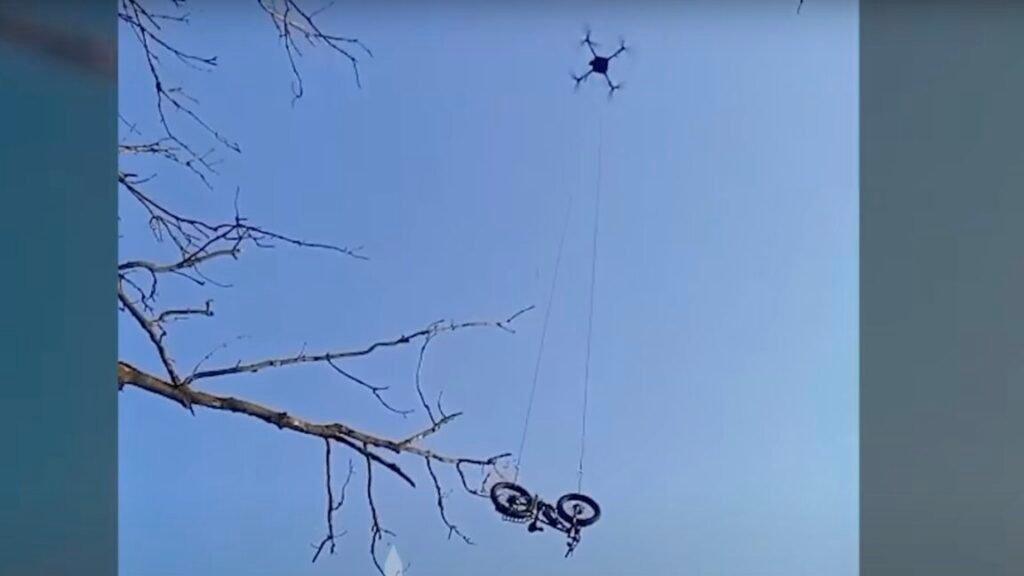 Photo of the drone and e-bike in question.