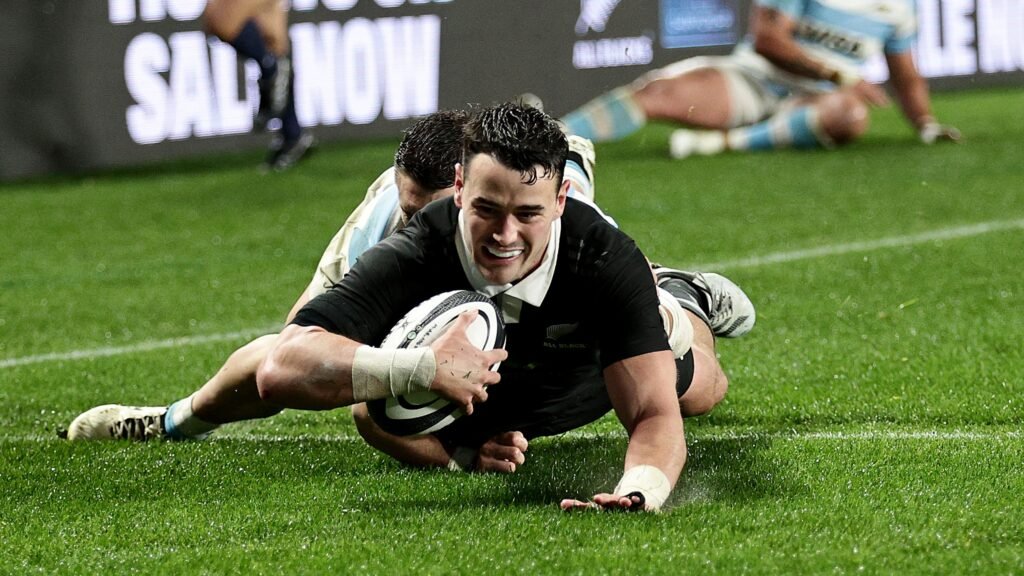 Will Jordan of New Zealand scores a first half try during The Rugby Championship match between New Zealand All Blacks and Argentina at Eden Park on August 17, 2024 in Auckland, New Zealand.