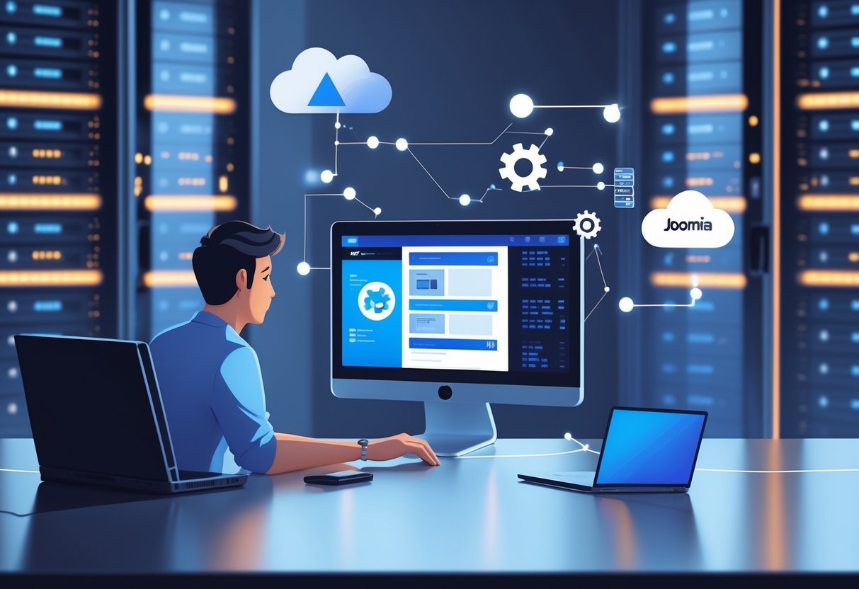 Person working on a laptop in a server room with servers and digital icons representing software installation and web hosting.
