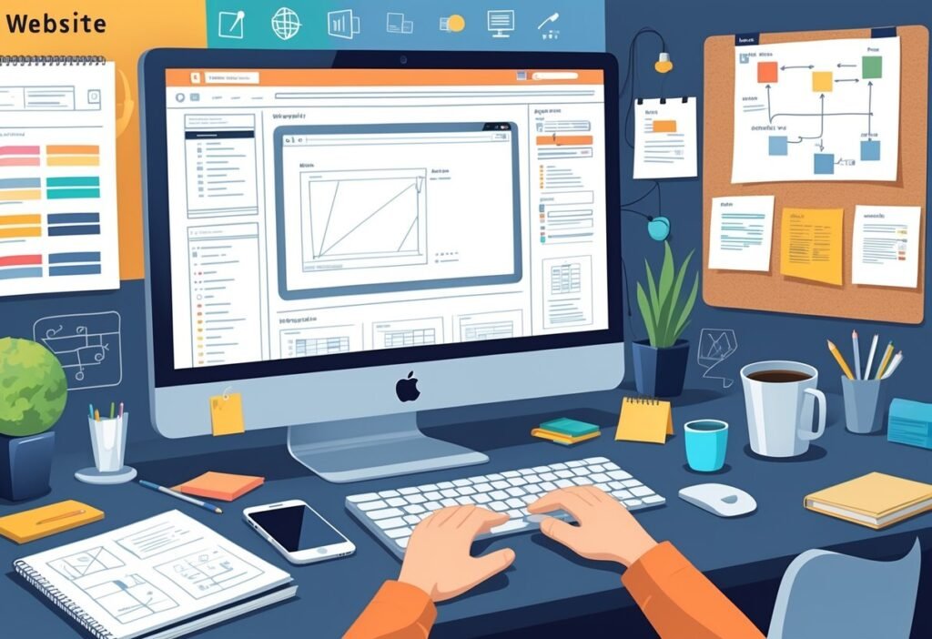 How Create Site Quickly and Efficiently: A Step-by-Step Guide A person working at a desk on a computer with website layout and design tools around them.