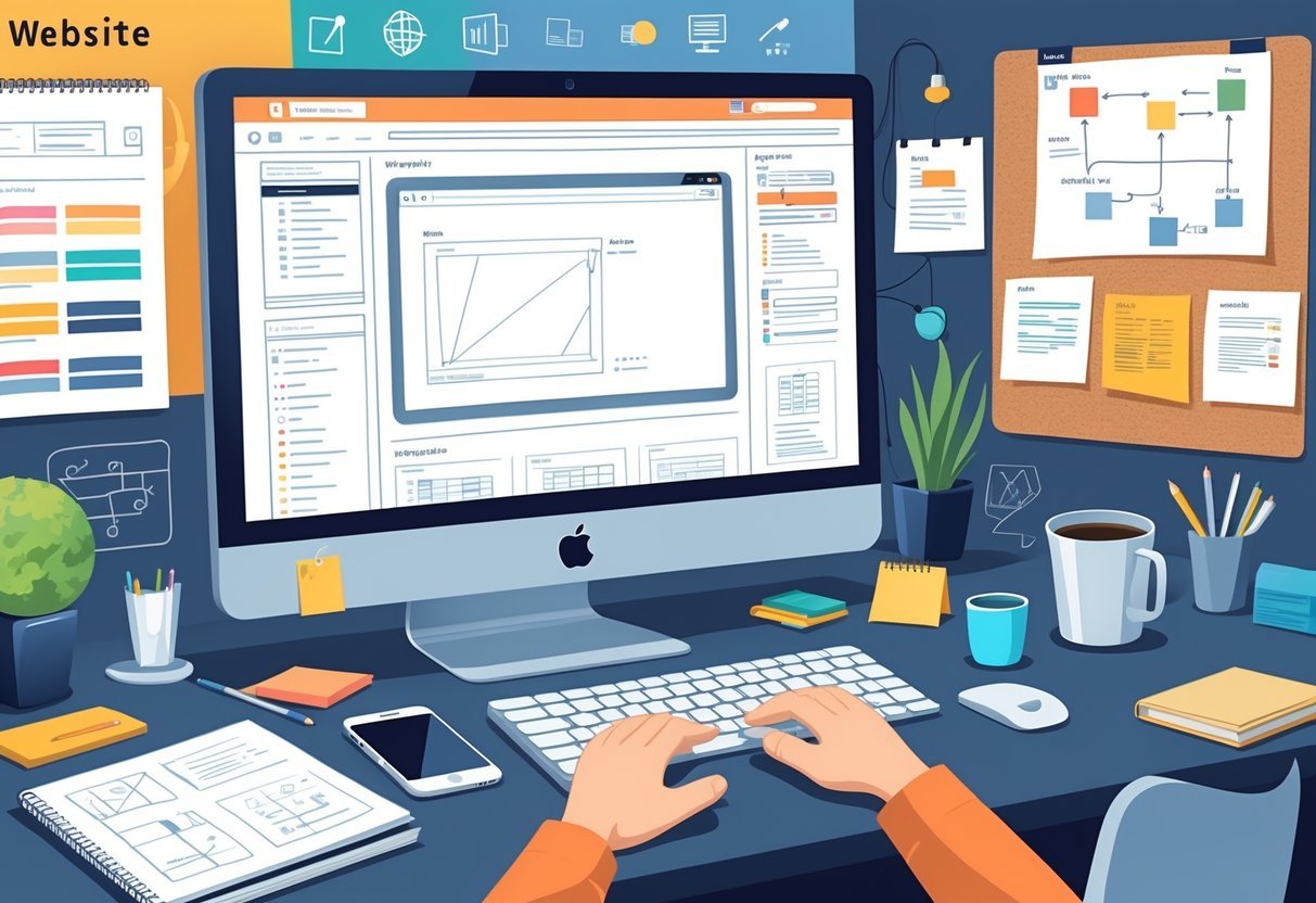 A person working at a desk on a computer with website layout and design tools around them.