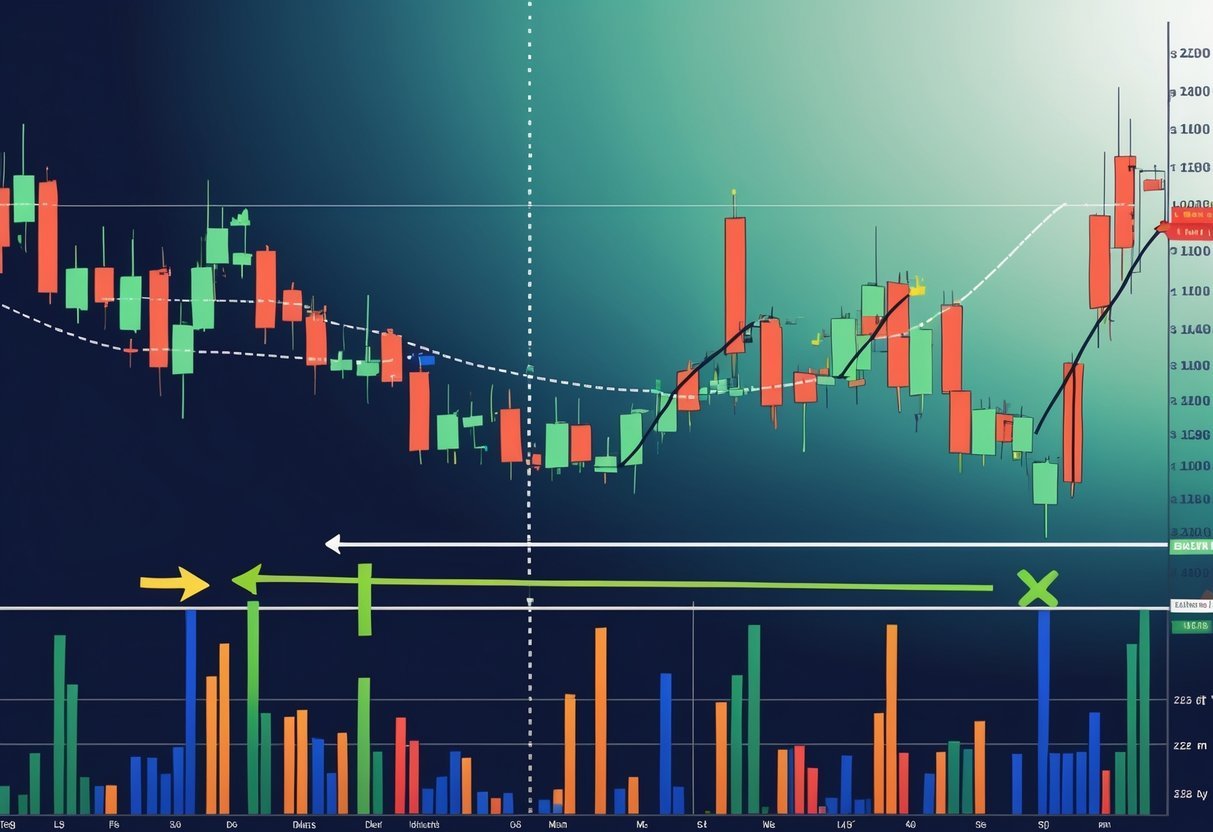 A financial chart showing candlestick price movements with a trailing stop line following below the peaks, illustrating a chandelier exit strategy in swing trading.