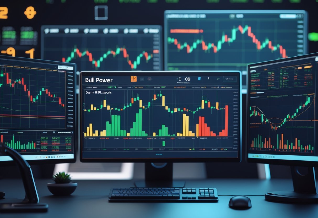 A trading desk with multiple monitors showing stock charts and bar graphs representing bullish and bearish market power.