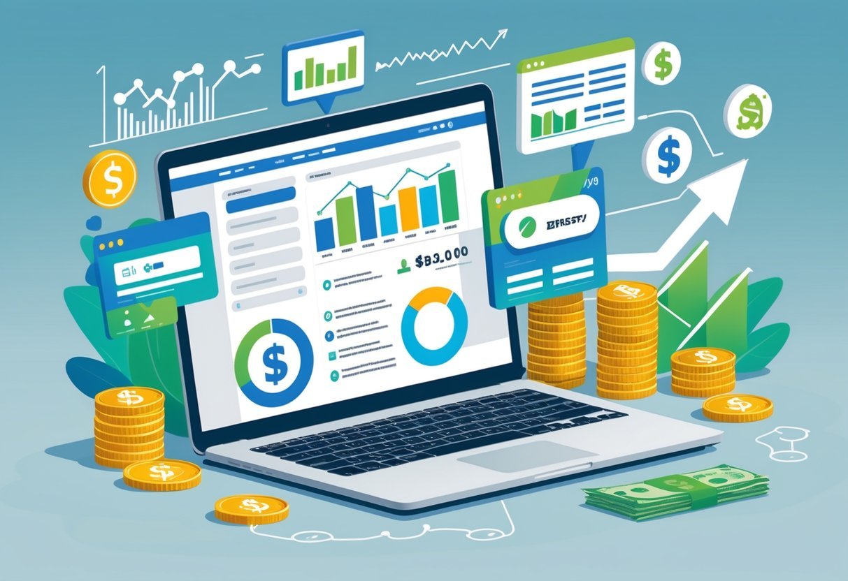 A laptop showing a blog dashboard surrounded by icons representing money, shopping, ads, and affiliate links, illustrating ways to earn income from a blog.