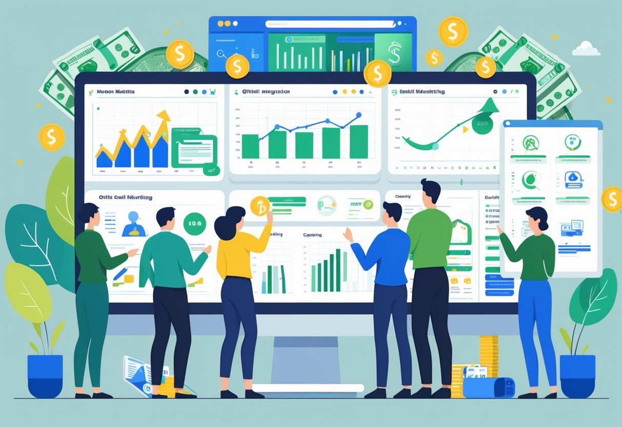 A team of marketers working together in an office with digital screens showing ads, analytics, and marketing strategies, illustrating how digital marketing companies generate revenue.