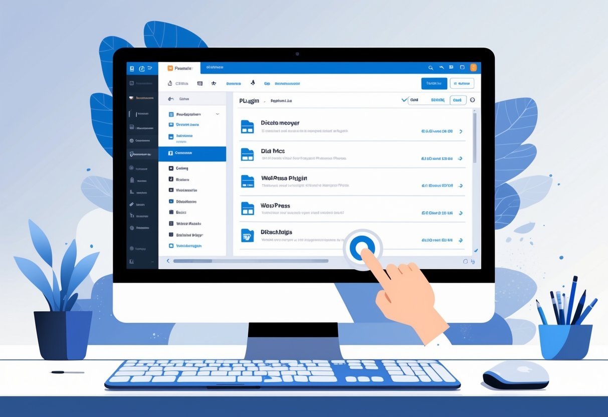 Computer screen showing cPanel dashboard with file manager open and a cursor selecting a WordPress plugin folder to disable it.