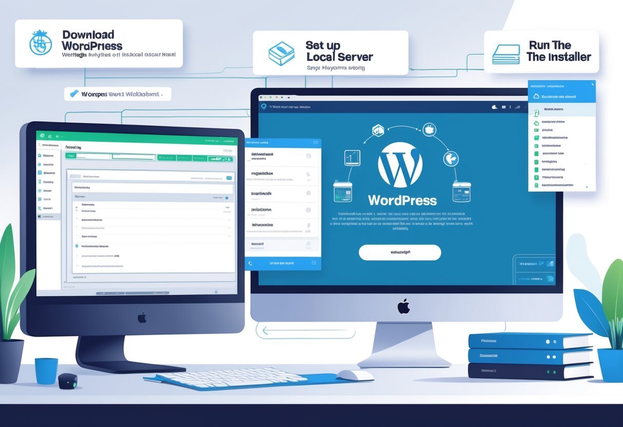 A computer setup showing the process of installing WordPress on a local server with a control panel and browser window displaying the installation steps.