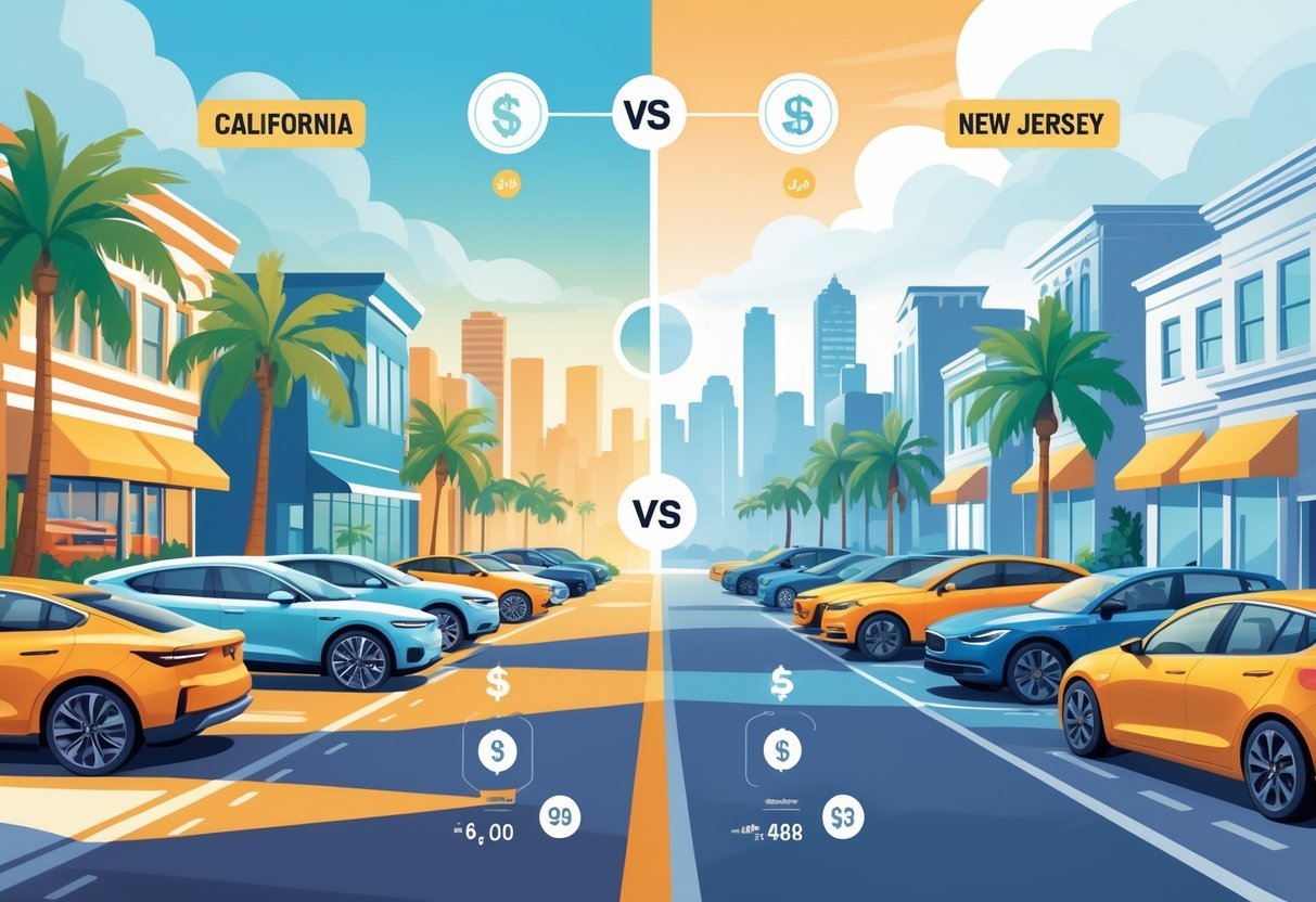 An illustration showing a split scene comparing car buying in California and New Jersey with distinct backgrounds and car dealerships on each side.