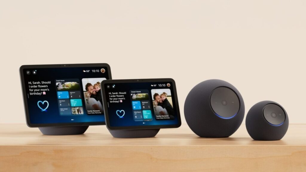 Left to right: The Echo Show 11, Echo Show 8, Echo Studio, and Echo Dot Max.