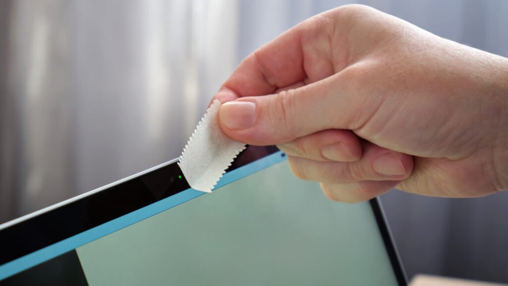 male hand covering webcam with tape