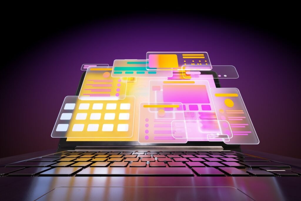 Can a social app fix the ‘terrible devastation’ of social media? Digital generated animated video of multicoloured social media icons and data screens moving out from opened laptop against dark purple background.
