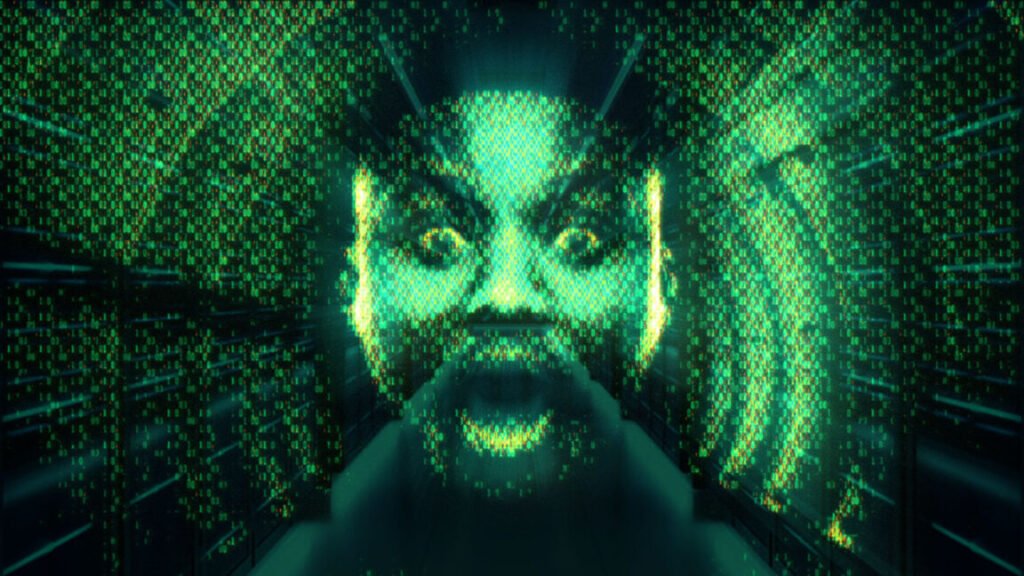 An illustration of a green "ghost in the machine," a surprised man's face with green radiating pixels.