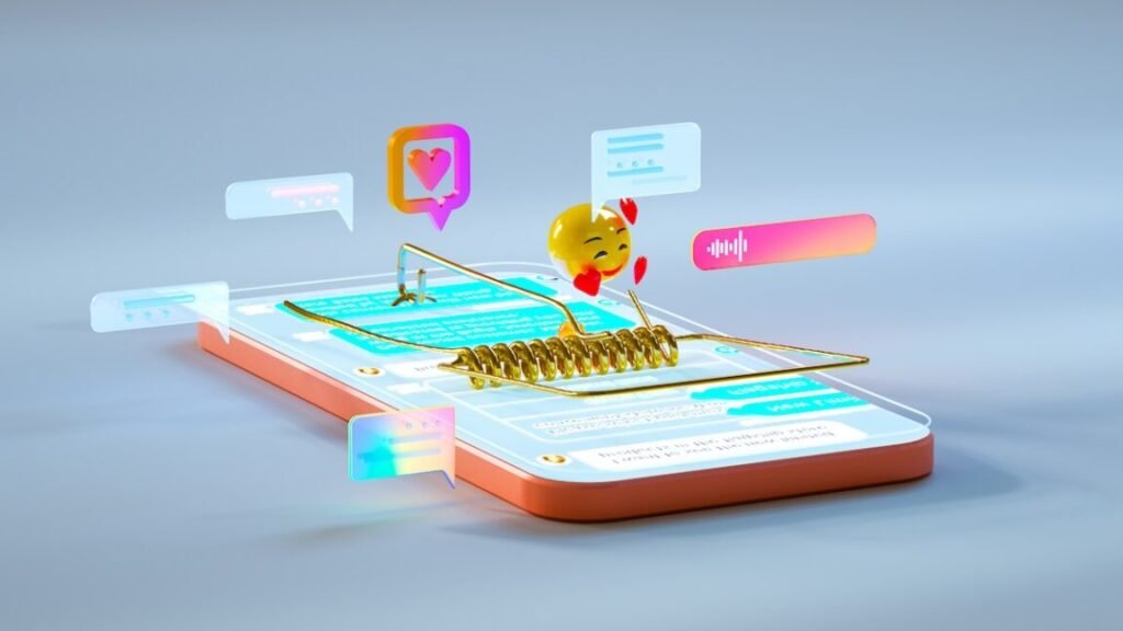 Millions of people imperiled through sign-in links sent by SMS Digital generated image of abstract smartphone stylized as mousetrap surrounded by multicoloured social message chat icons.