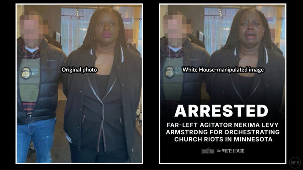 White House alters arrest photo of ICE protester, says “the memes will continue” Collage comparing the original and altered photos taken during the arrest of ICE protester Nekima Levy Armstrong. One shows the original photo in which she is being led away by an officer and appears to be calm and collected. In the altered version posted by the White House, she appears to be crying, and the White House added text that says, "Arrested: Far-left agitator Nekima Levy Armstrong for orchestrating church riots in Minnesota."