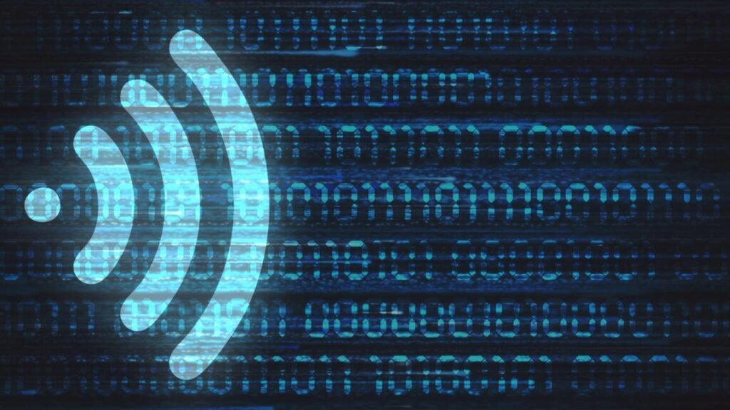 Illustration of a Wi-Fi symbol on a background of ones and zeroes to represent Internet data.