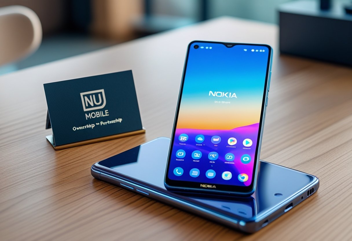 A Nokia 10 Plus smartphone on a wooden desk next to a business card holder with Nuu Mobile cards in an office setting.