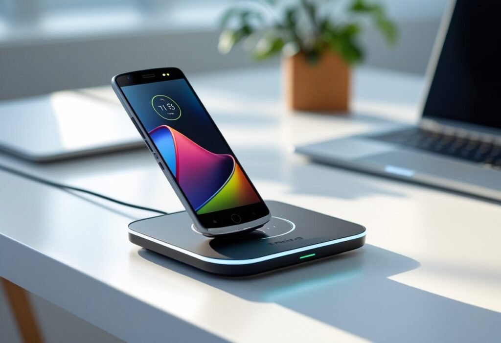 A Motorola Razr smartphone partially folded on a wireless charging pad on a white desk with a blurred workspace in the background.