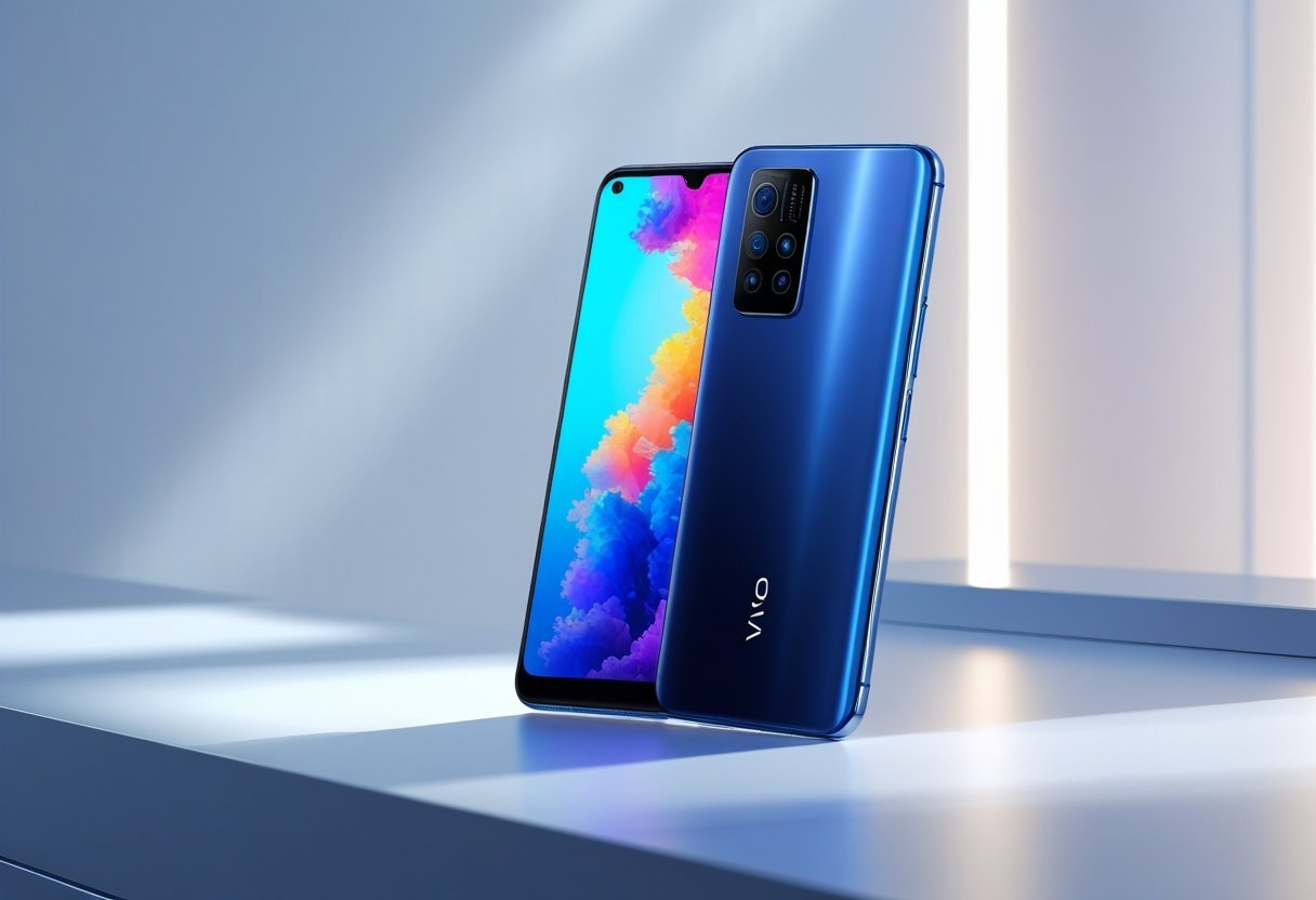A Vivo V24 smartphone displayed on a modern surface with its screen and camera module visible.