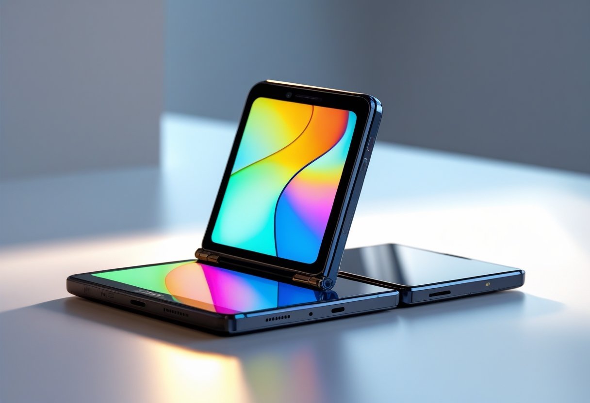 A Motorola Razr smartphone partially open on a modern surface with a colorful screen visible.