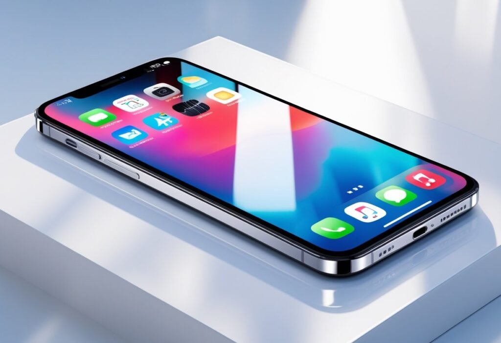 A modern smartphone with a large screen and triple camera placed on a white surface.