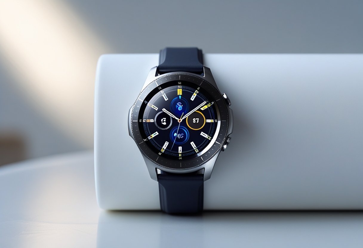 A Galaxy Watch 6 with a colorful digital display resting on a white surface.