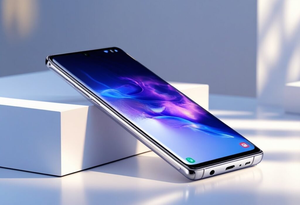 A Samsung Galaxy S26 smartphone placed on a white surface, showing its sleek design and vibrant screen.