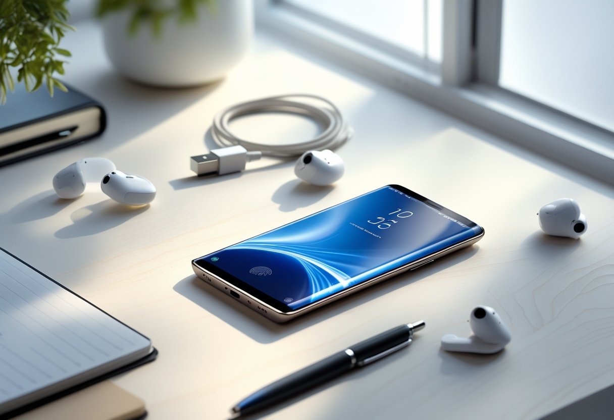 A compact Unihertz smartphone on a wooden desk surrounded by tech accessories with natural light coming from a window.