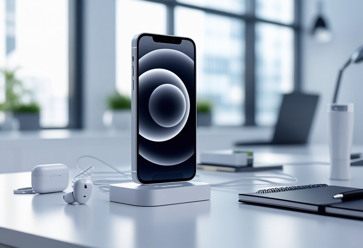 A modern smartphone on a white desk with tech accessories in a bright office setting.