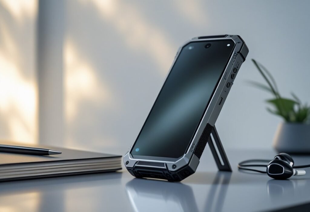 A rugged compact smartphone placed on a modern desk with office items around it.