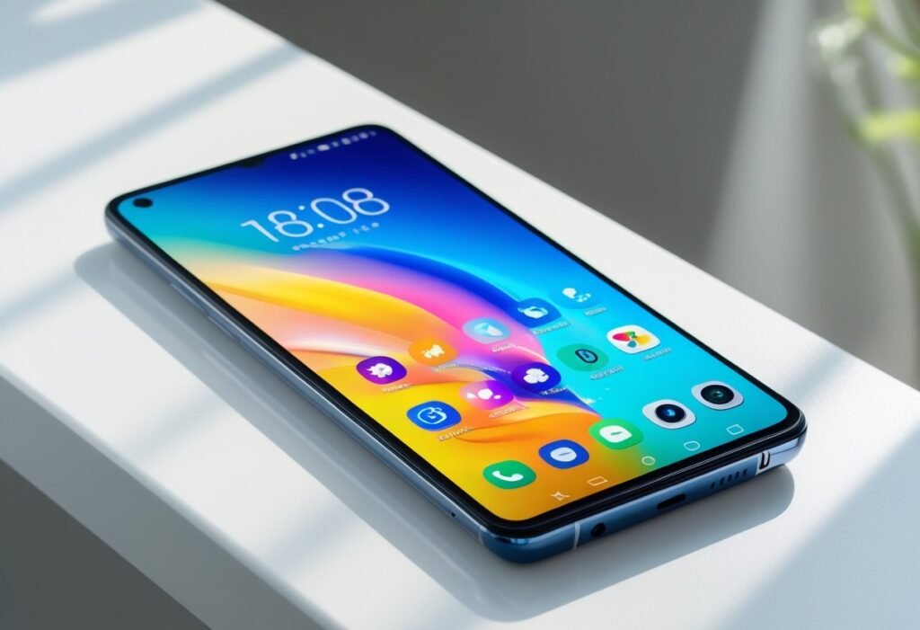 A modern smartphone placed on a white surface with a colorful home screen visible.