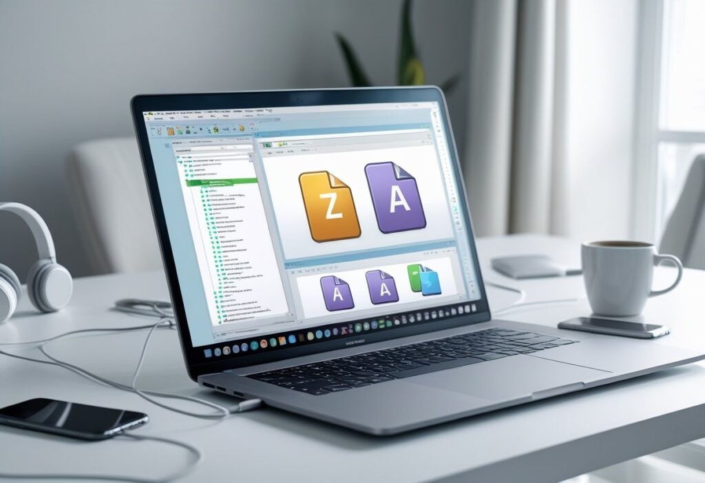 A modern workspace with a laptop showing file icons representing ZIP and APK files, surrounded by tech accessories on a clean desk.