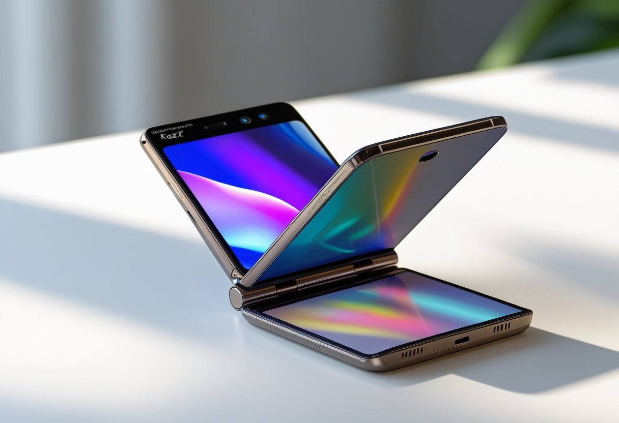 A Motorola Razr smartphone open on a white surface with its foldable screen visible.