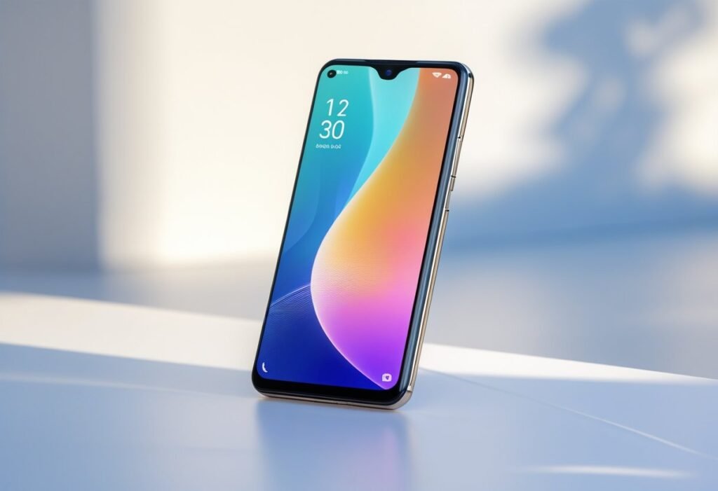 A modern smartphone with a vibrant screen placed on a white surface with soft lighting.
