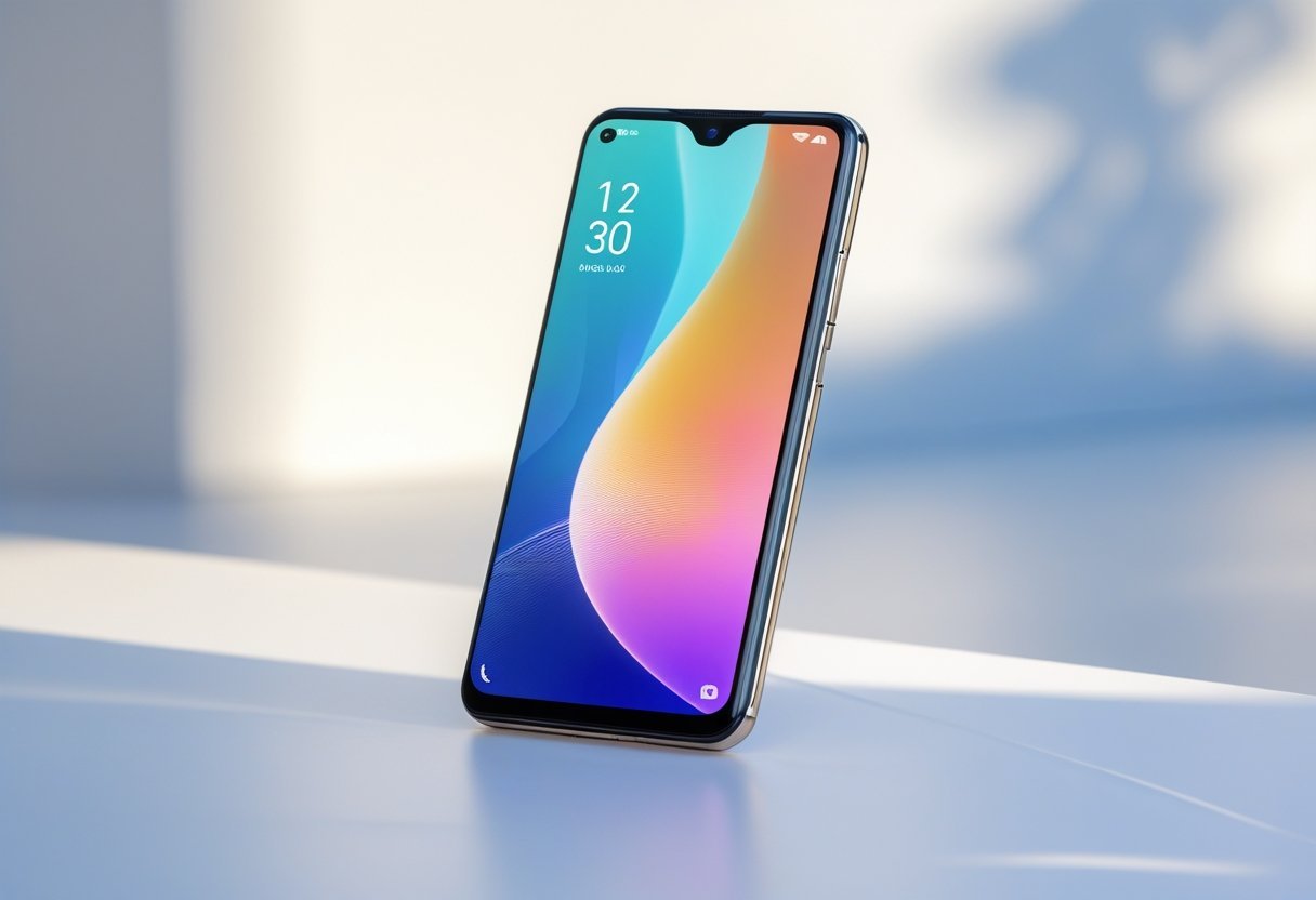 A modern smartphone with a vibrant screen placed on a white surface with soft lighting.