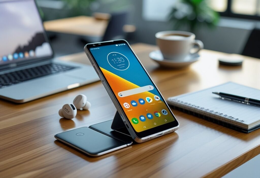 A Motorola Razr smartphone open on a wooden desk with earbuds, a notebook, a laptop, and a coffee cup in the background.