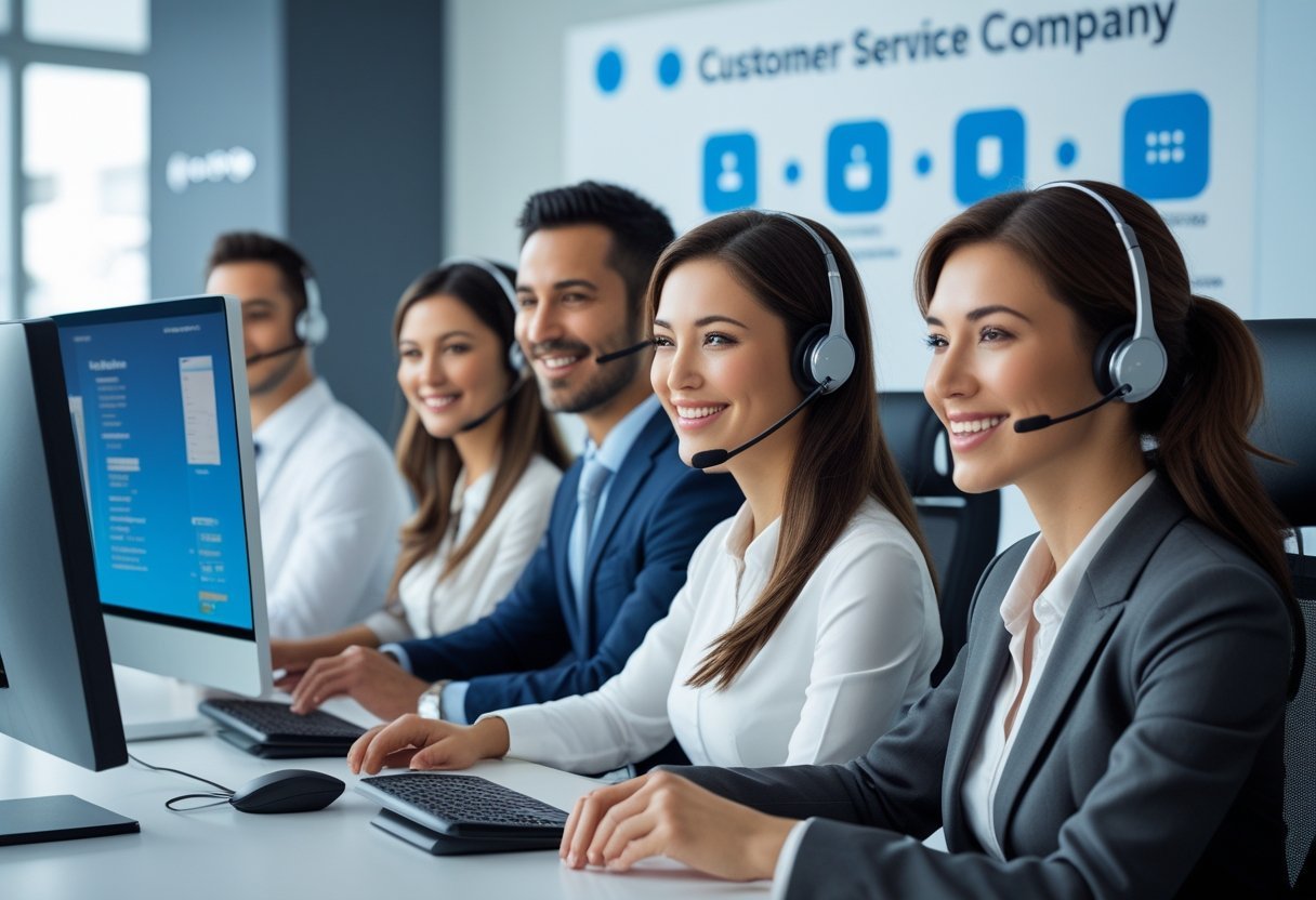 Customer service representatives wearing headsets at a desk with computers, assisting customers in a mobile phone support center.