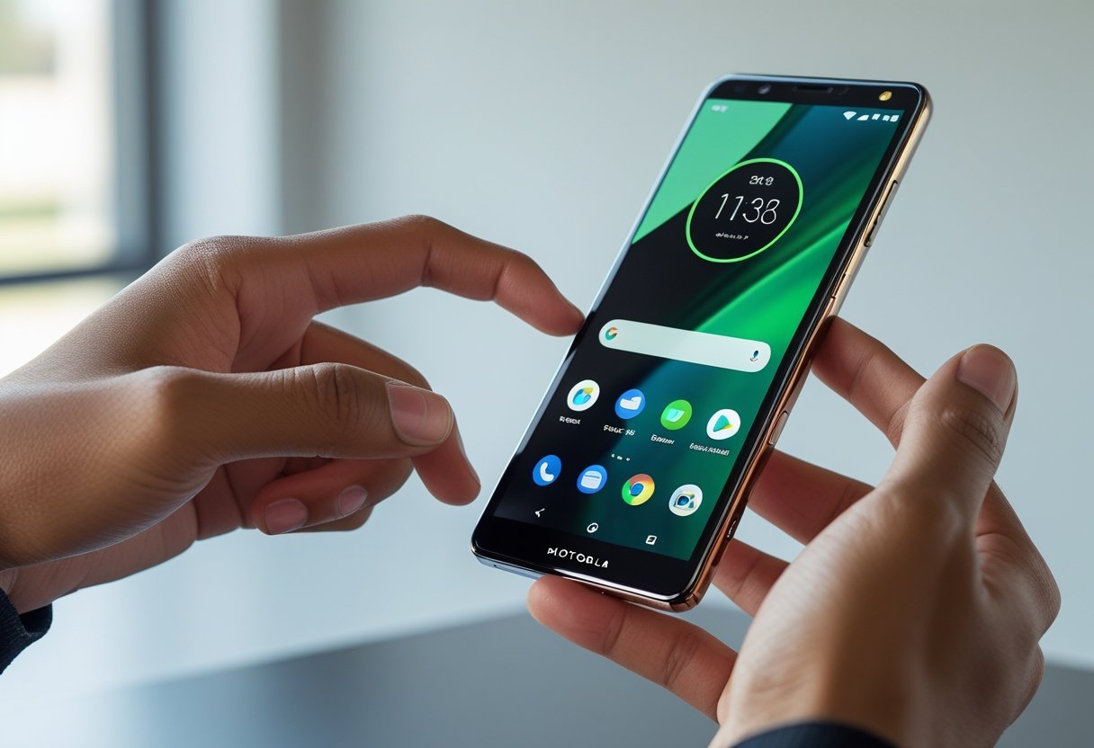 A person holding an open Motorola Razr smartphone and pressing the volume down and power buttons to take a screenshot.