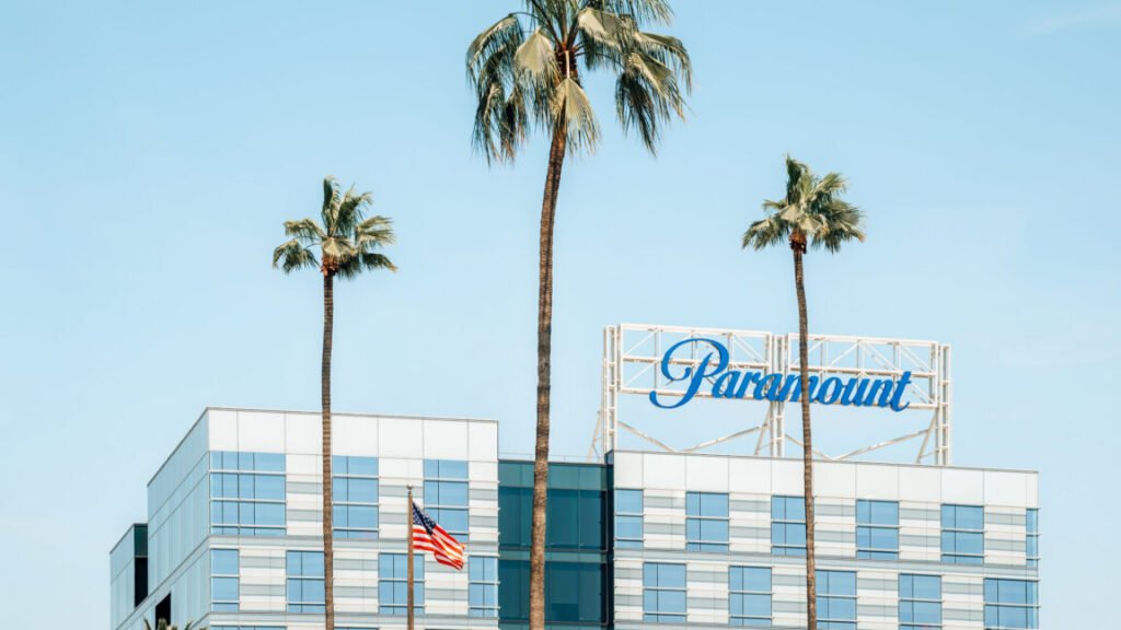 A Paramount logo is shown on the top of a building in Hollywood, California.