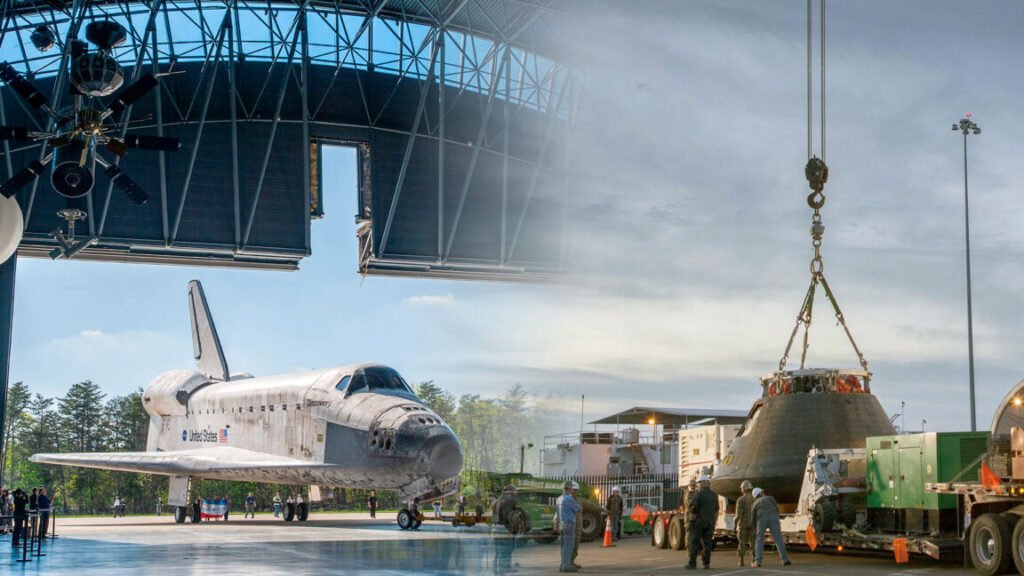 A montage of two photos showing a winged orbiter entering a hangar and a space capsule being lowered by a crane.