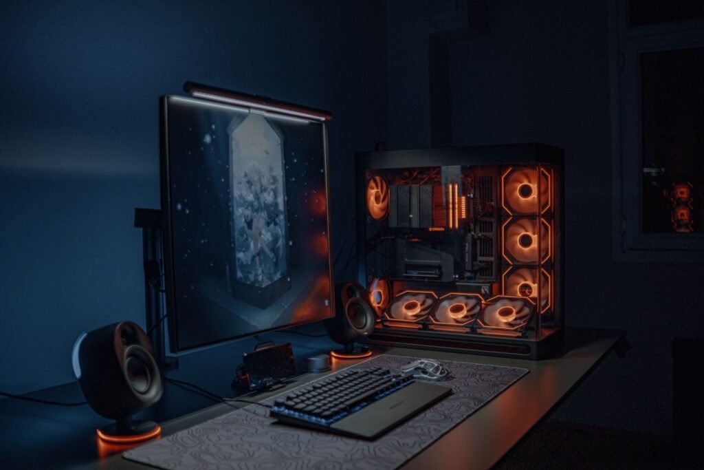 Modern gaming PC setup with LED lighting and a monitor
