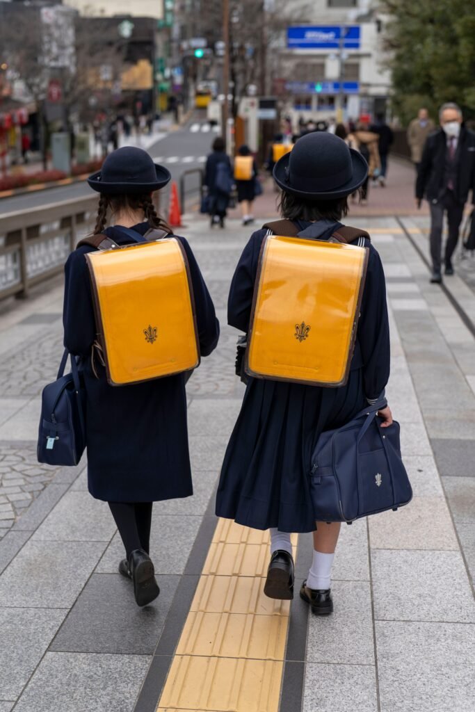 Two Japanese elementary schoolchildren in uniform with backpacks walking on a city street