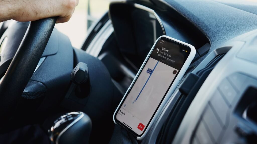 Smartphone showing driving directions used for a rideshare trip